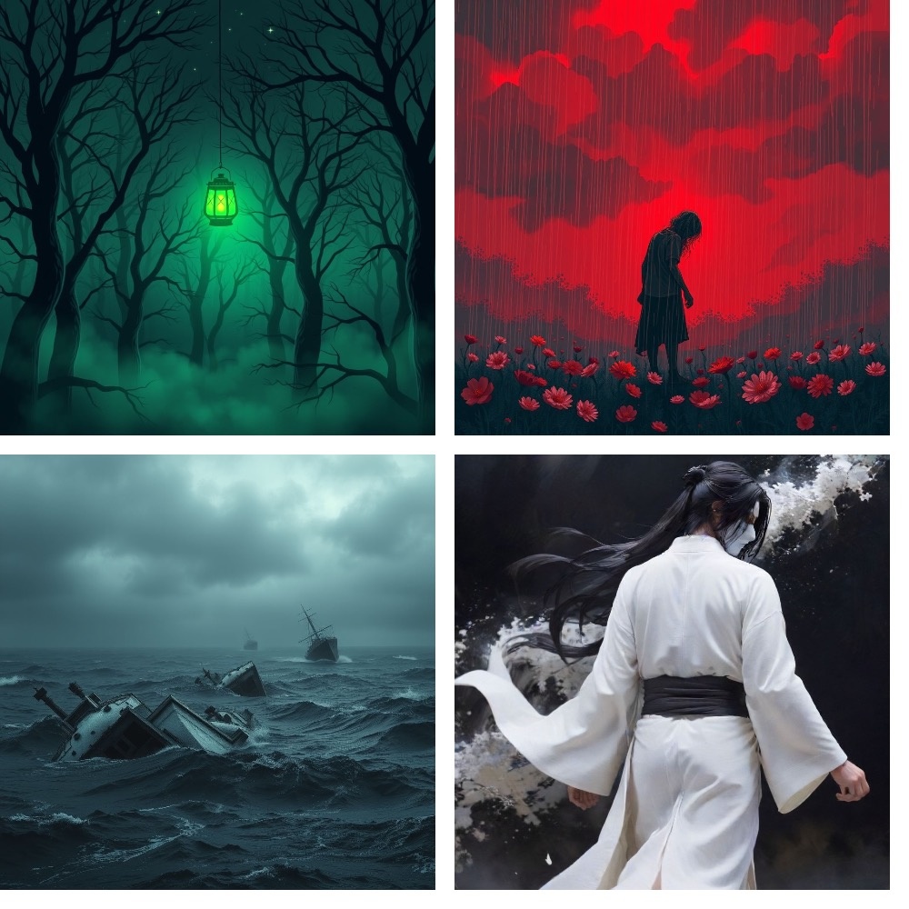 Четыре великих бедствия - Зеленый Фонарь Блуждающий в Ночи (Ци Жун), Искатель Цветов под Кровавым Дождем (Хуа Чэн), Черная Вода Погибель Кораблей (Хэ Сюань), Несущий Беду в Белых Одеяних (Безликий Бай).