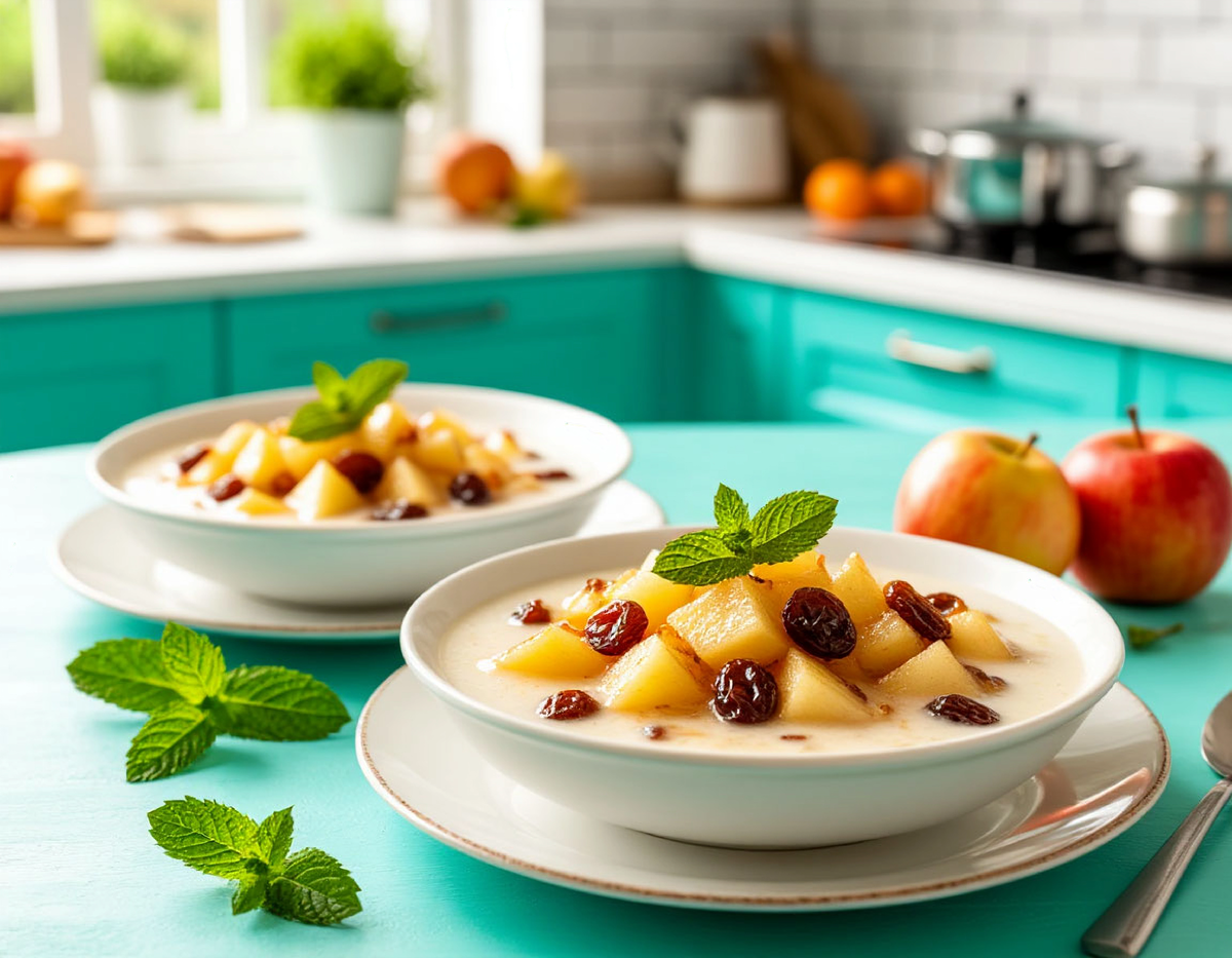 Красивая подача делает молочный суп с яблоками и изюмом ещё вкуснее.