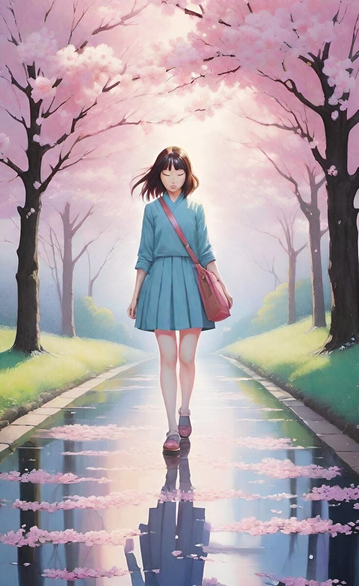 Лепестки под ногами. Иллюстрация создана с помощью нейросети DreamAI.