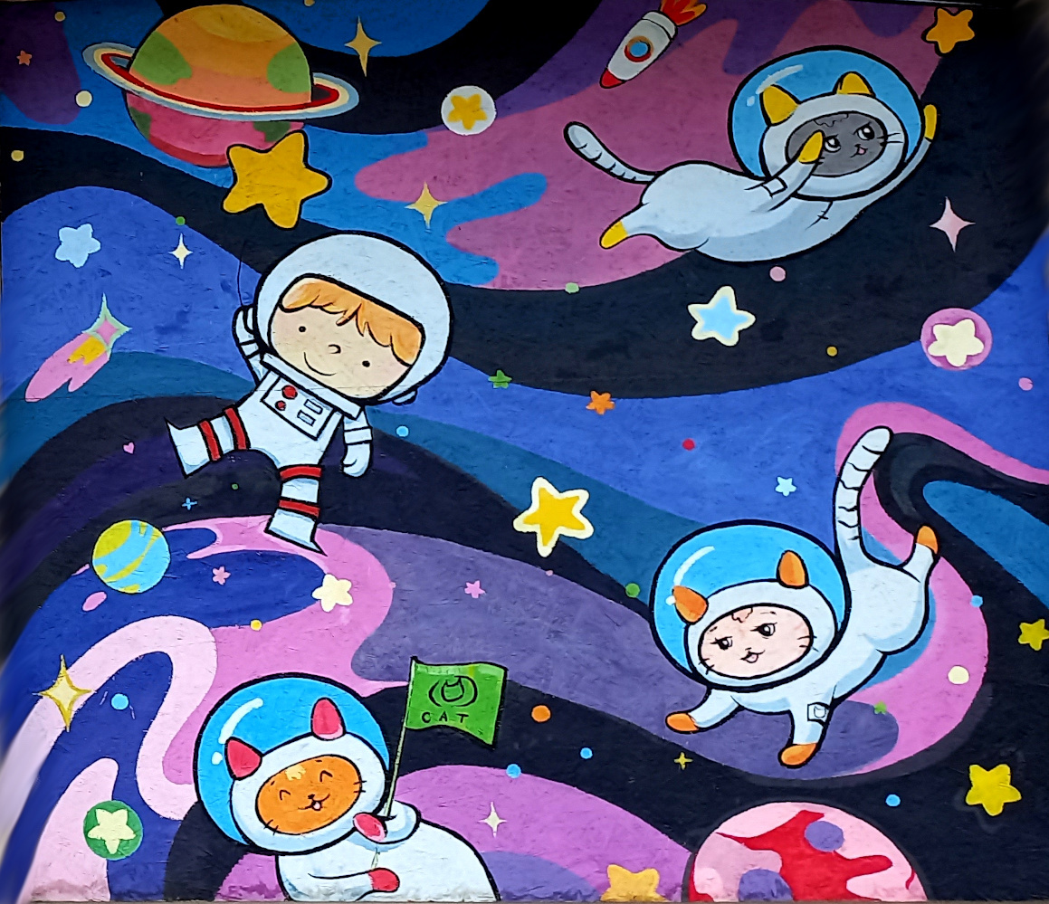 Коты-космонавты – граффити в Донецке. Фото апрель 2025 года