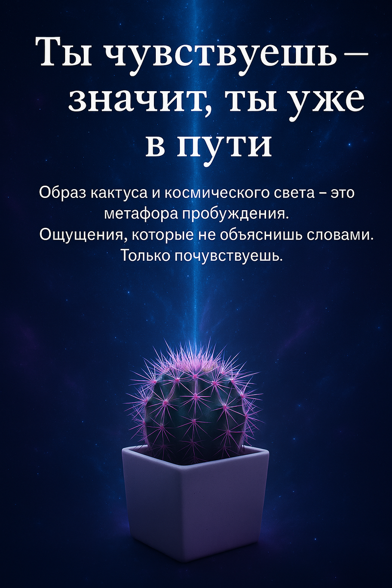 Этот визуал — символ пробуждения. Кактус, улавливающий свет Вселенной, напоминает: чувствовать — значит, идти. Даже молча. Даже в одиночку.