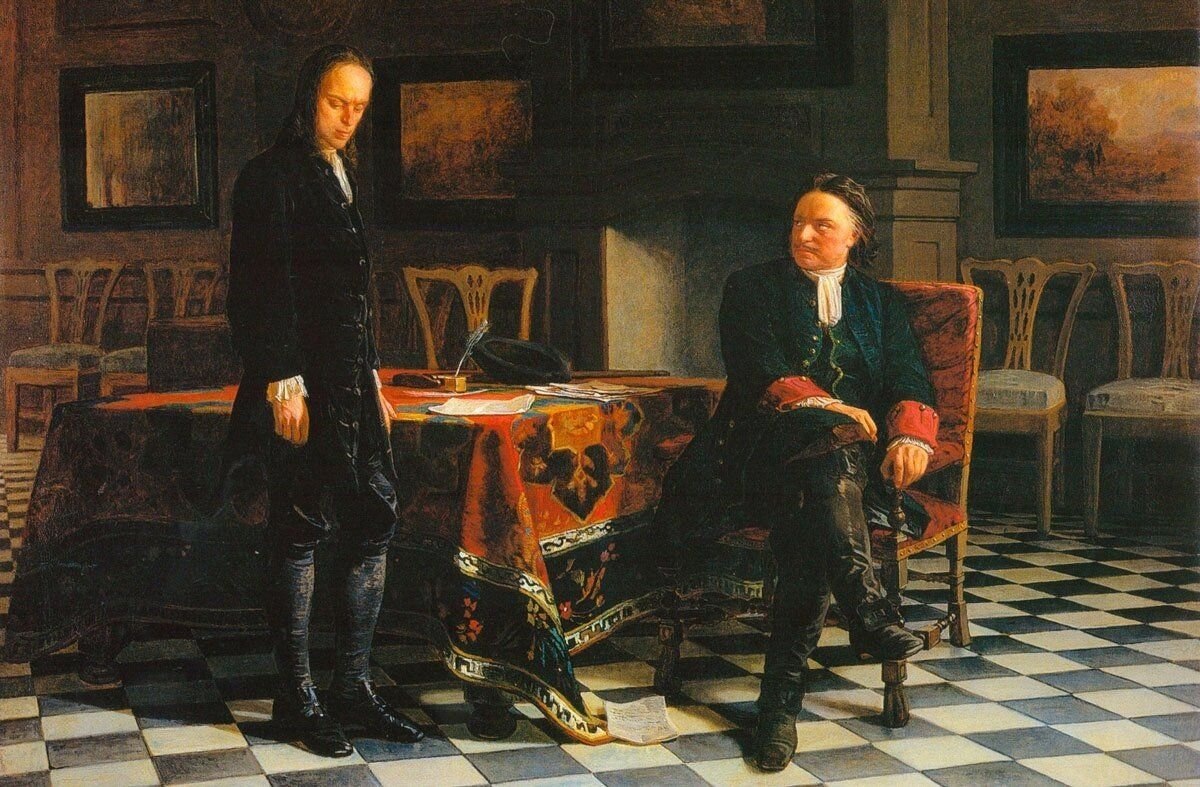 Н.Н. Ге  «Петр I допрашивает царевича Алексея в Петергофе».