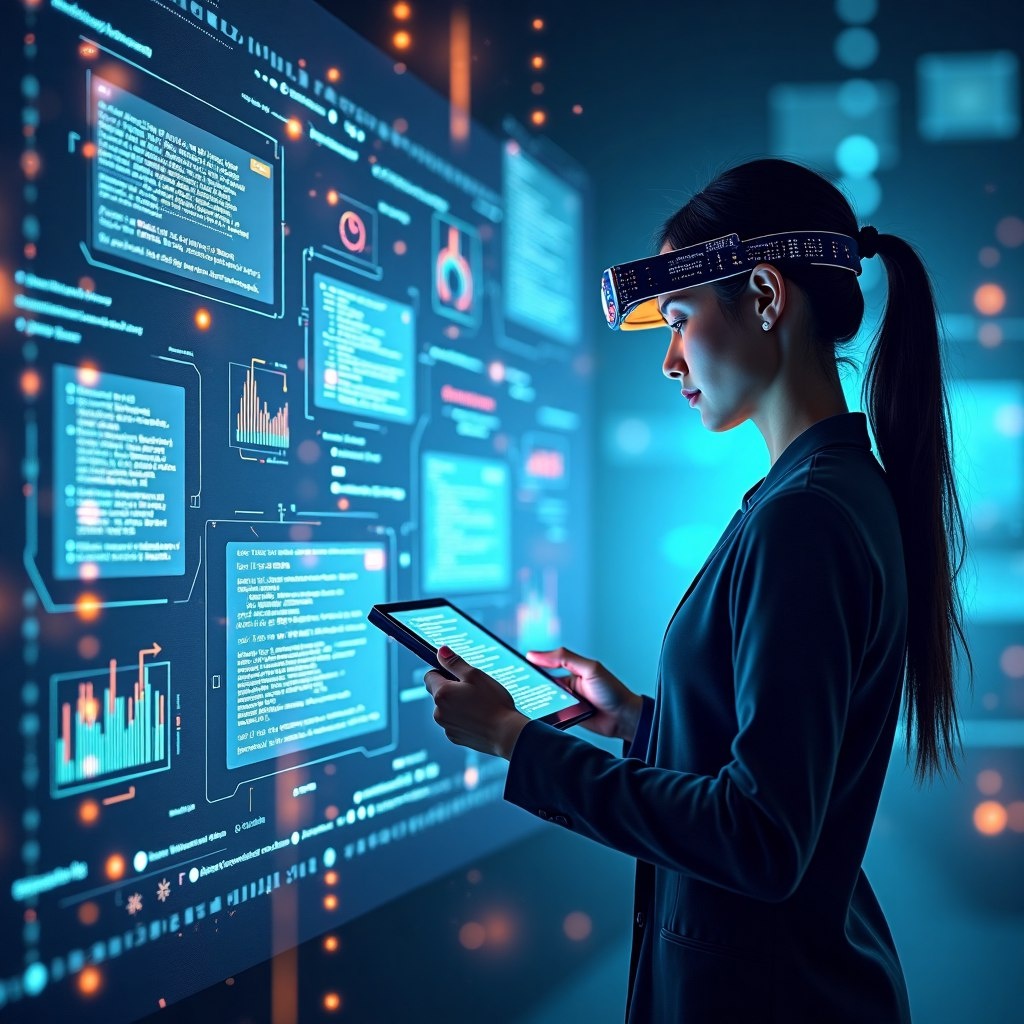 Футуристическая иллюстрация, показывающая взаимодействие людей с цифровыми экранами