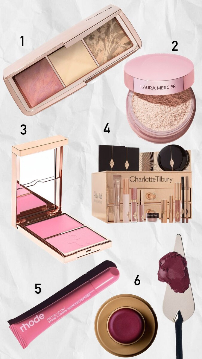    1.палетка Hourglass 2.пудра Laura Mercier 3.румяна Patrick Ta    
4.косметика Charlotte Tilbury 5.бальзам rhode 6.румяна rhode