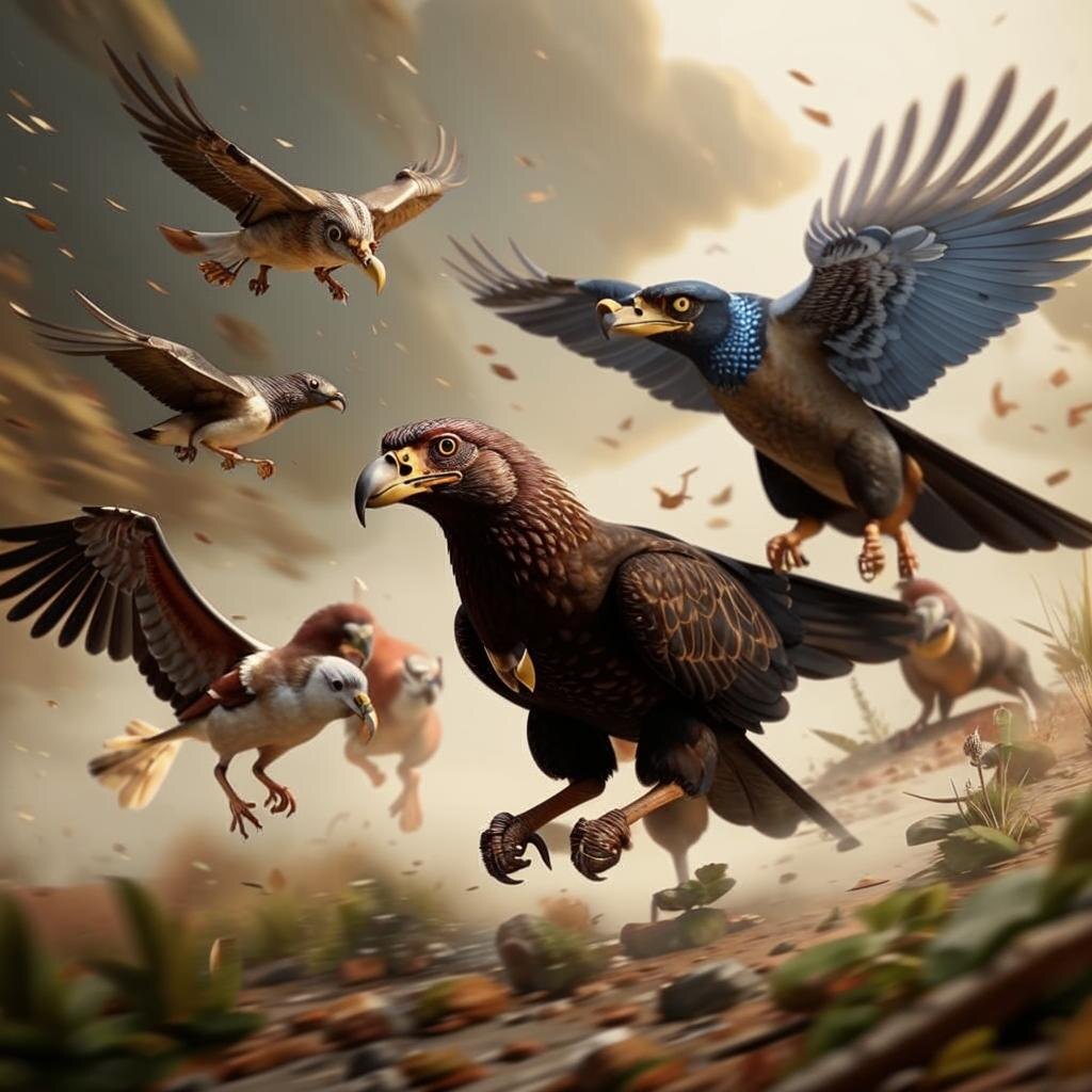 Птицы-ужасы гоняются за млекопитающими и другими животными.