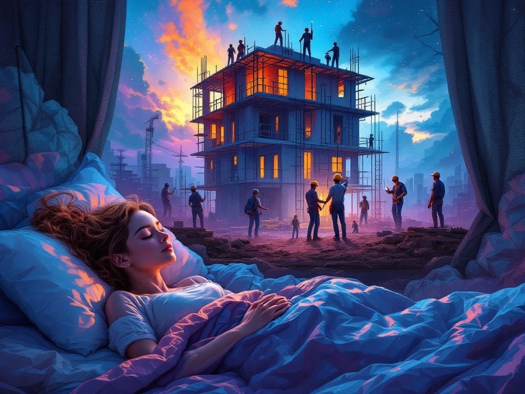    К чему такое снится: На картине изображена сцена, где группа людей активно что-то строит. Центральный персонаж, женщина, держит за плечо мужчину и одновременно достает из его рук сигарет