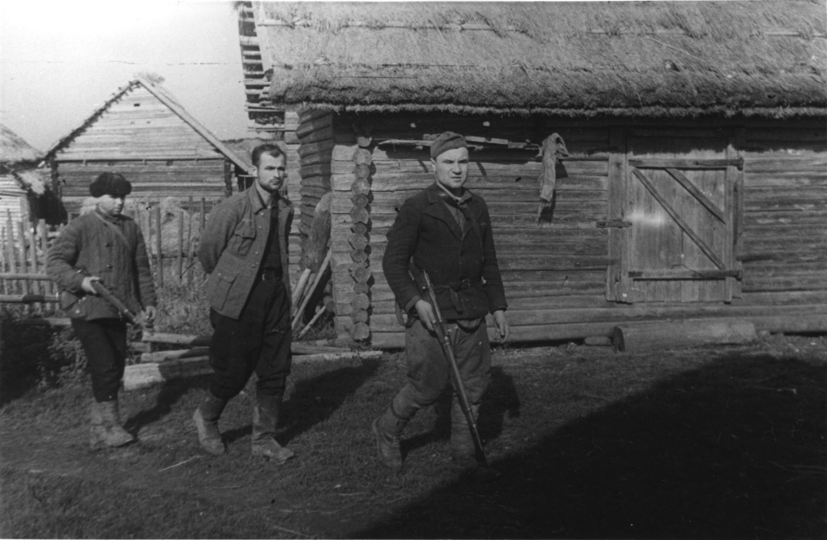 Партизаны ведут на допрос тайного агента Гестапо Золотарева, он же Холод. ЦГАИПД СПб. Ф.116-л. Оп. 16. Д.1445