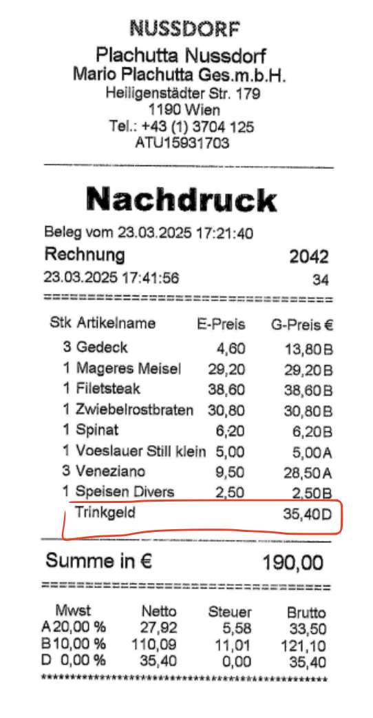 Тот самый чек с чаевыми (нем. Trinkgeld). Источник изображения: https://www.oe24.at/oesterreich/chronik/wien/nobellokal-verrechnet-jetzt-automatisch-20-prozent-trinkgeld/628915301