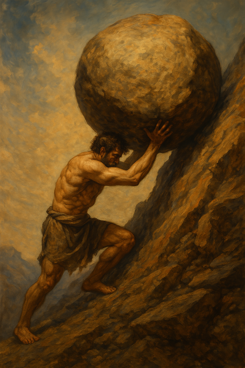 Сизиф толкает в гору камень 