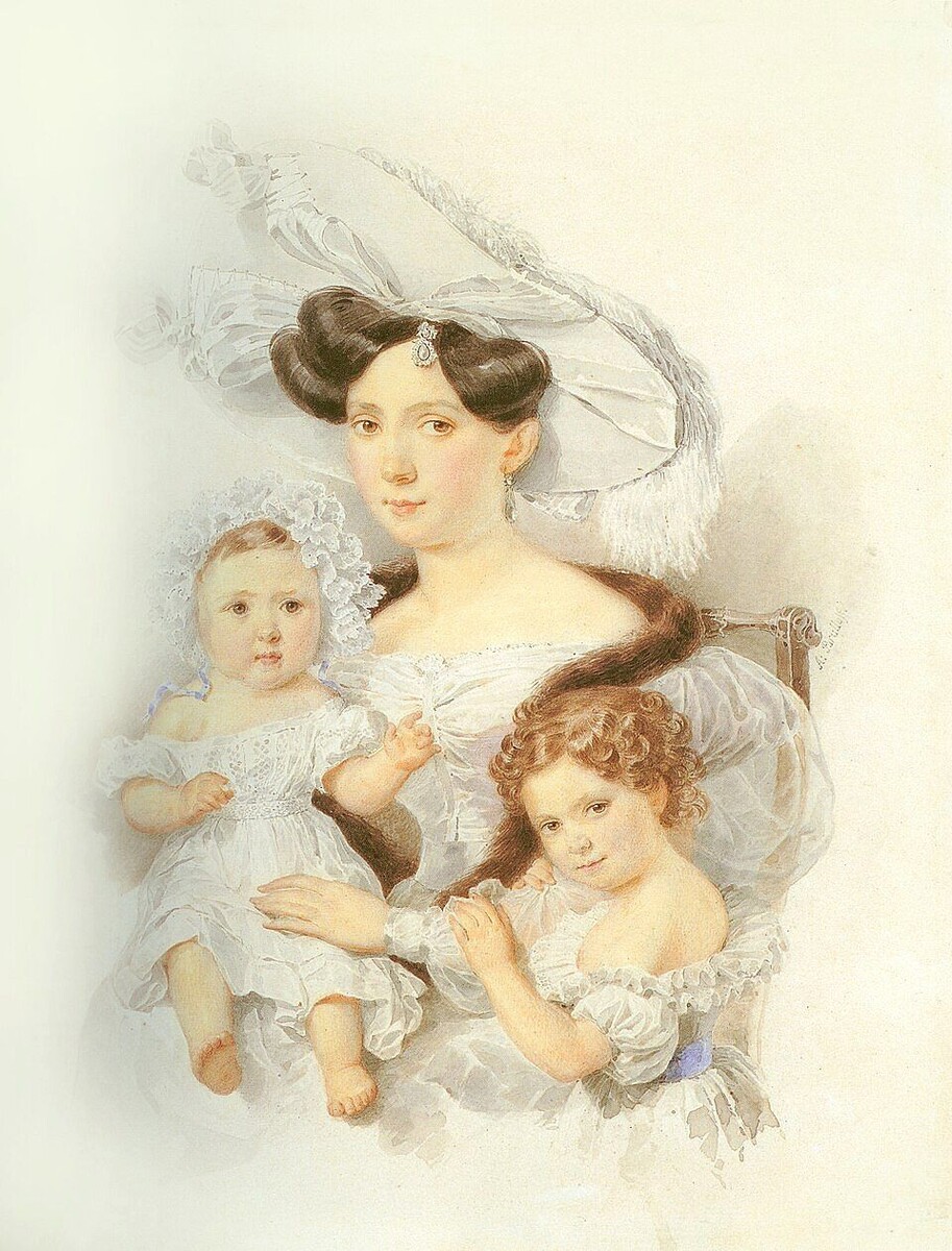 Александр Павлович Брюллов: Графиня Елизавета Николаевна Чернышёва (1809—1872), урождённая графиня Зотова, третья жена графа А.И.Чернышёва (1786-1857), с дочерьми Елизаветой  и Александрой.