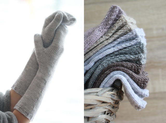 Слева женские варежки, справа - носки и варежки разных цветов.