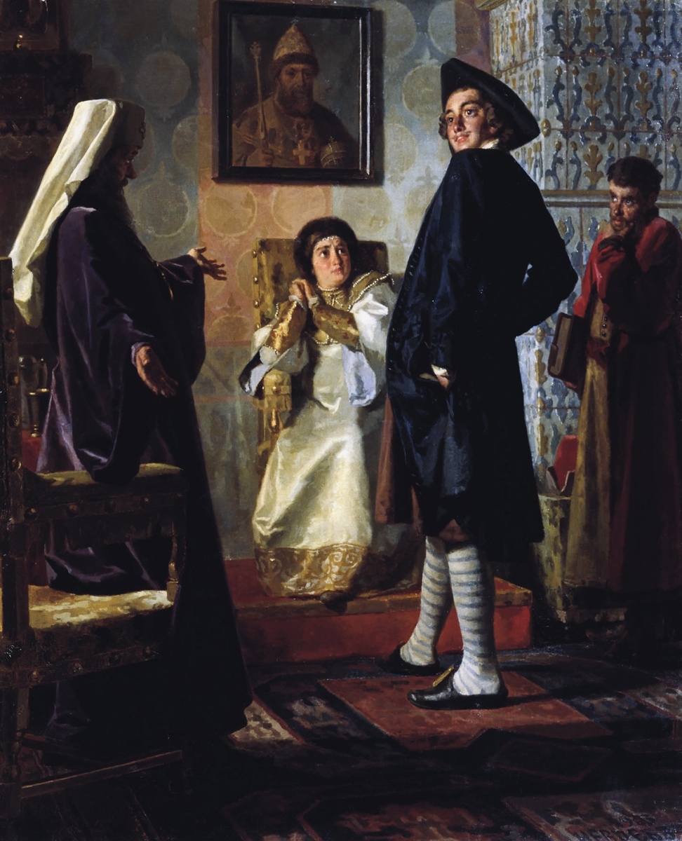 Николай Неврев «Петр I в иноземном наряде перед матерью своей царицей Натальей, патриархом Андрианом и учителем Зотовым» (1903)