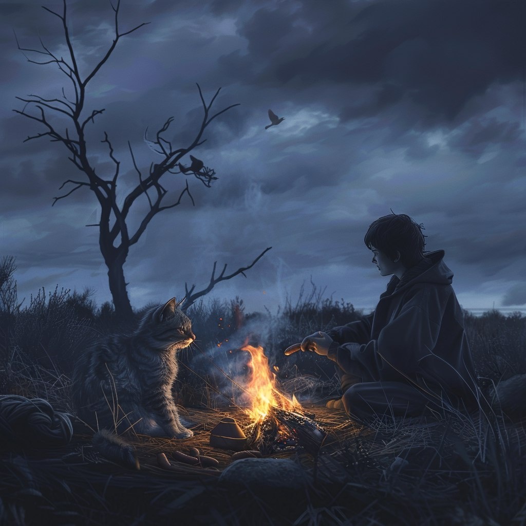 Возле костра. Сгенерировано по описанию из главы