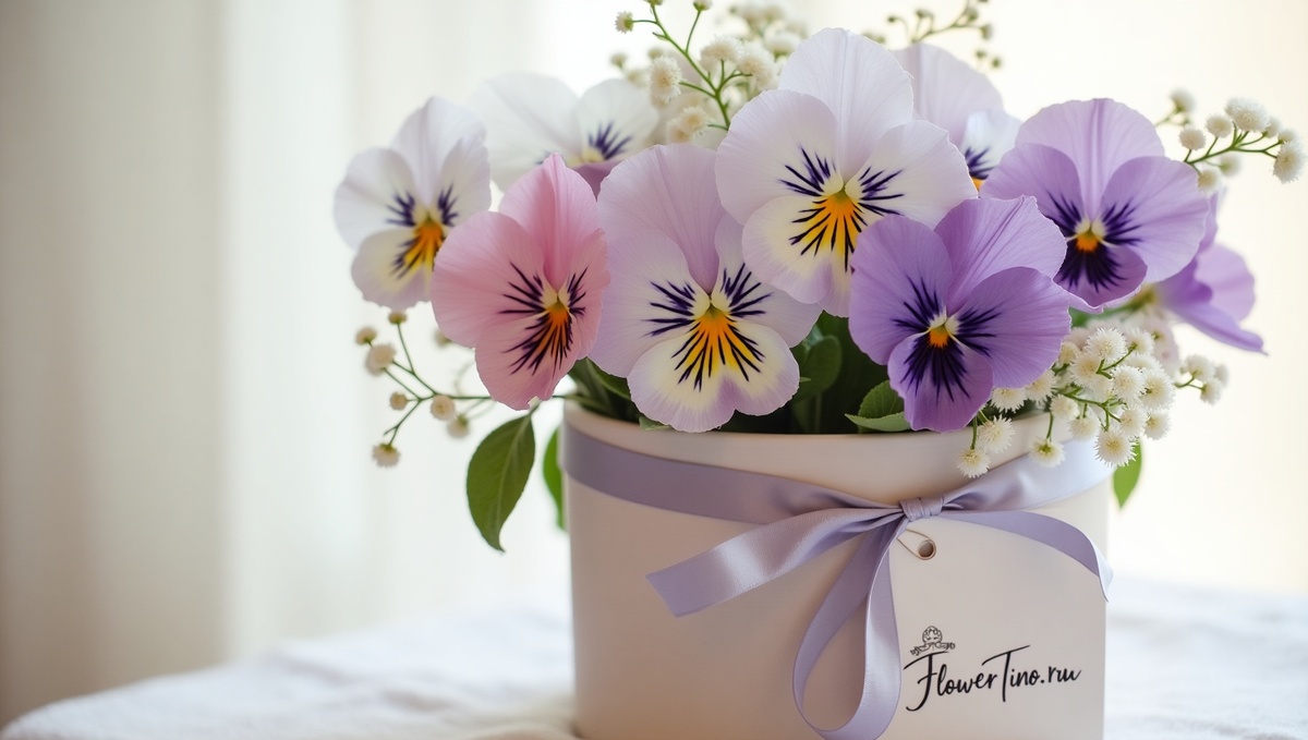 Элегантный букет для деловой Анны с анютиными глазками глубоких фиолетовых и синих тонов, дополненный белыми фрезиями и тонкой зеленью, оформленный в современном стиле