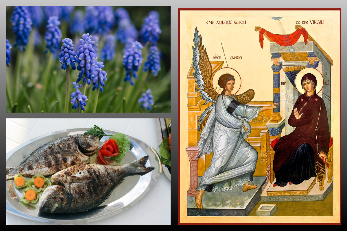 Икона Благовещение/azbuka.ru, Весна-цветы мускари, рыба/pixabay.com