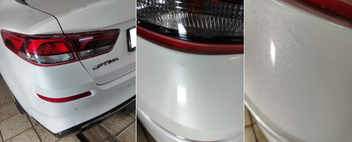 Трещина в краске и скол с вмятиной на нижней кромке