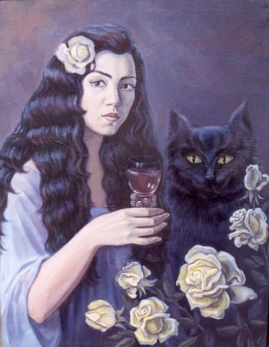 © Маргарита Усманова. Автопортрет с Бегемотом (персонажем «Мастера и Маргариты» М.А. Булгакова). Холст, масло. 90x70см. 1999.