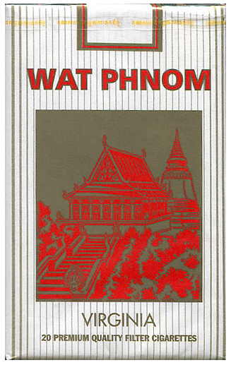 "Wat Phnom". Камбоджа, 1990-е годы. 20 штук с фильтром в мягкой упаковке и в  целлофане. Производитель: "Paradise Tobacco Co. Ltd.". Владелец торговой марки: "Reemtsma".