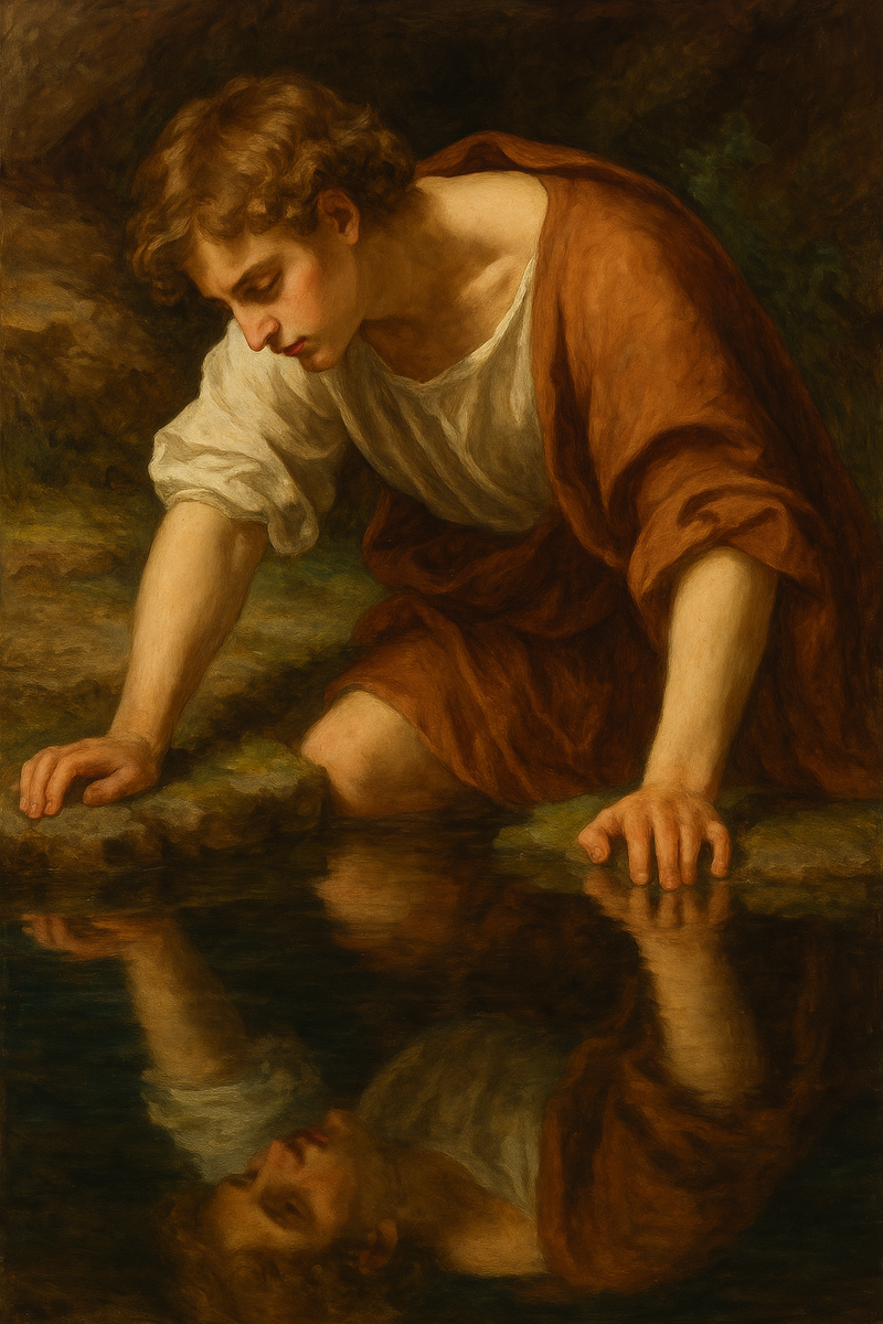 Нарцисс смотрит на отражение в озере 