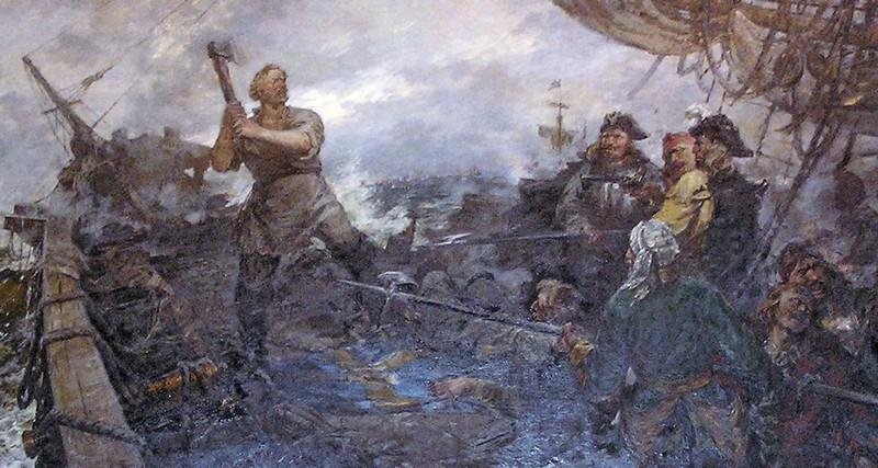 М.А.Канеев. Подвиг кормщика Ивана Рябова при обороне Новодвинской крепости от нападения шведов в 1701 г. 1954. Российский государственный музей Арктики и Антарктики.