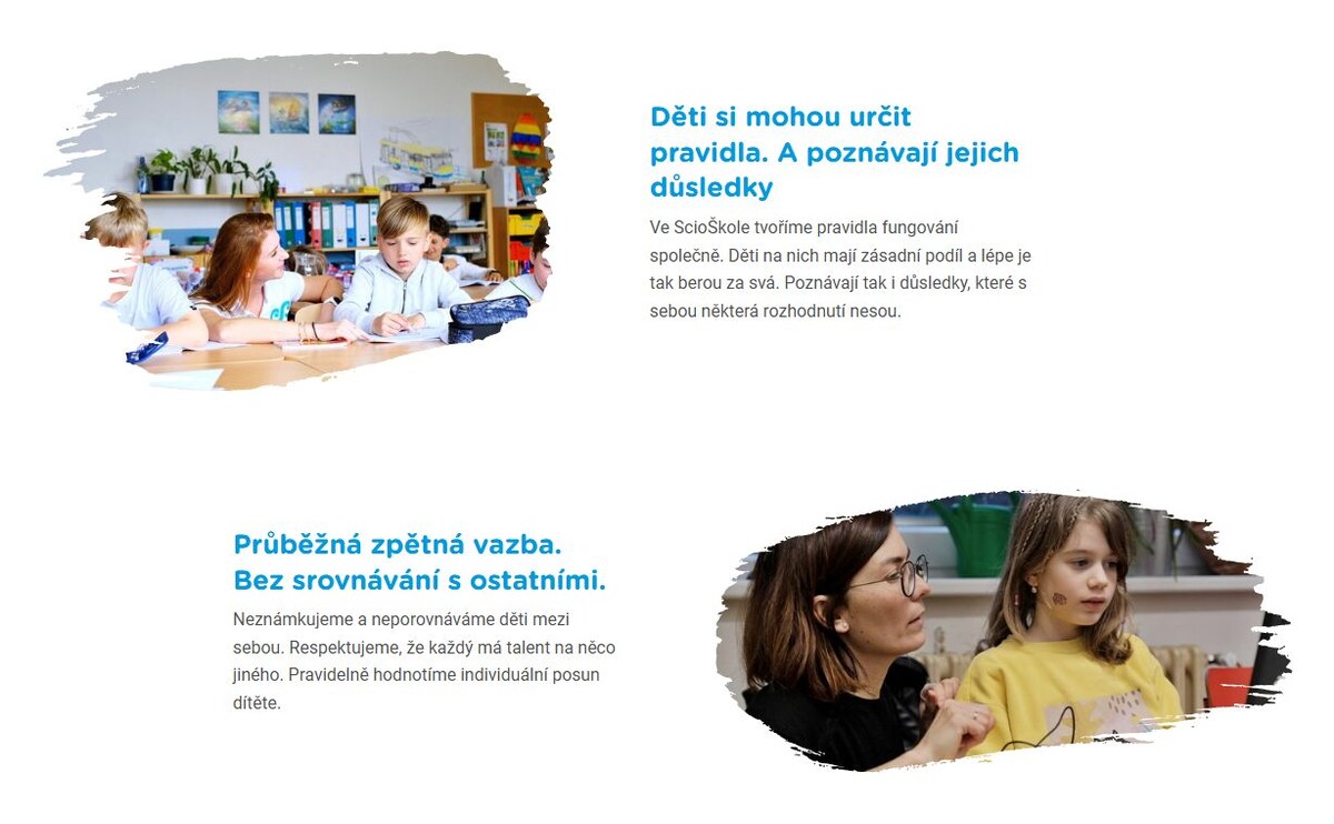 скриншот. Заголовки: дети сами себе определяют правила. И познают их последствия. Постоянная обратная связь. Без сравнивания с остальными