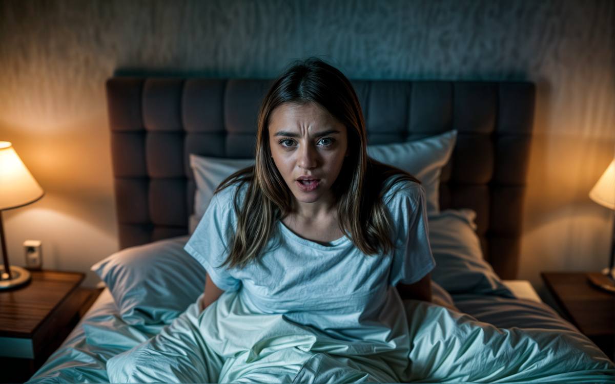Испуганная девушка на кровати. Картинка автора, сгенерировано ИИ по конкретному запросу 