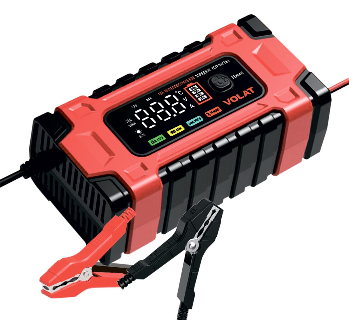 Зарядное устройство Volat 12, 24В подойдет для мото аккумуляторов и автоакб. В нем может использоваться режим зарядки "Мото", что идеально подходит для мотоакб.