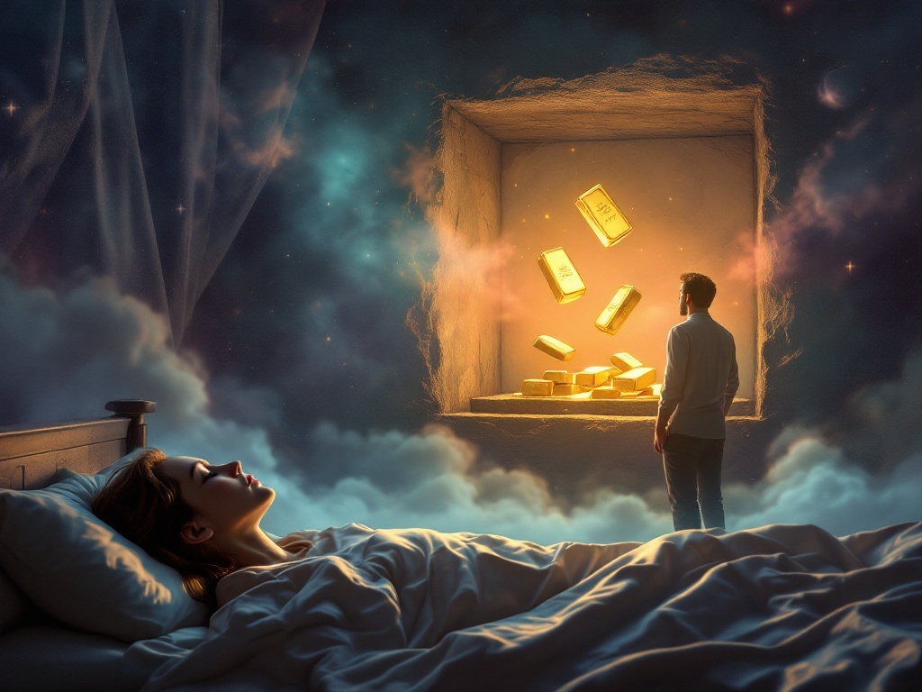    К чему такое снится: Муж стоит в комнате, обнаруживая нишу в стене, где лежат пять золотых слитков. Он внимательно смотрит на них. В то же время, рядом с ним два слитка золота поднимаютс