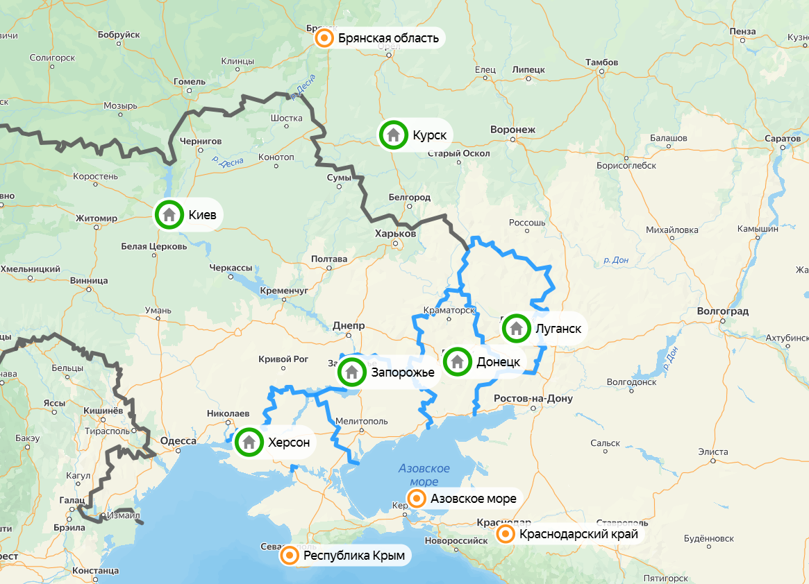 Карта ночной атаки дронов ВСУ на регионы России. Фото: скриншот Яндекс Карты