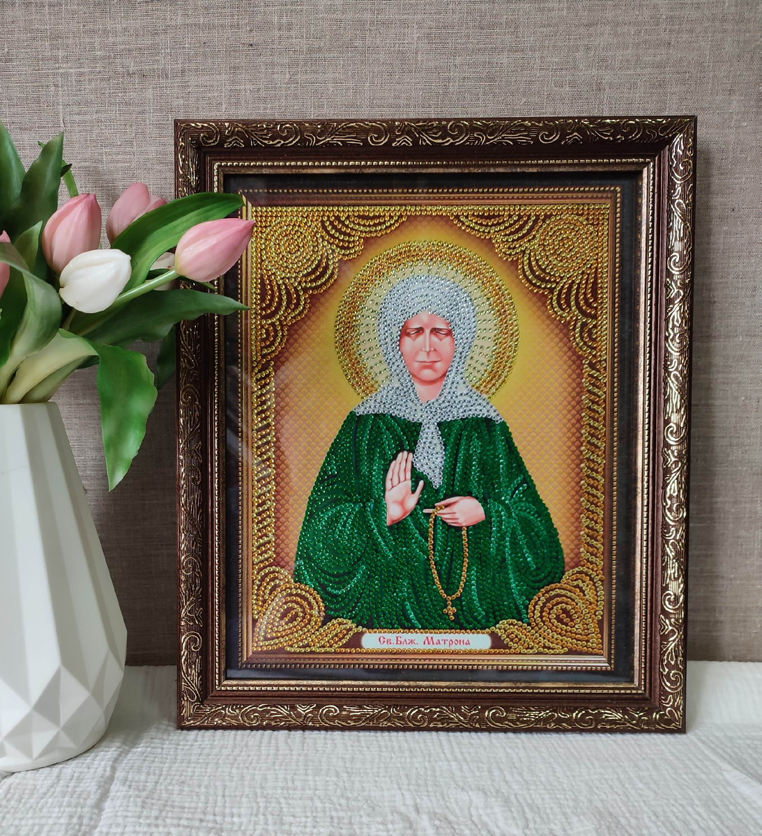 Оформление иконы в технике алмазной мозаики со стеклом от багетной мастерской Галерея РА