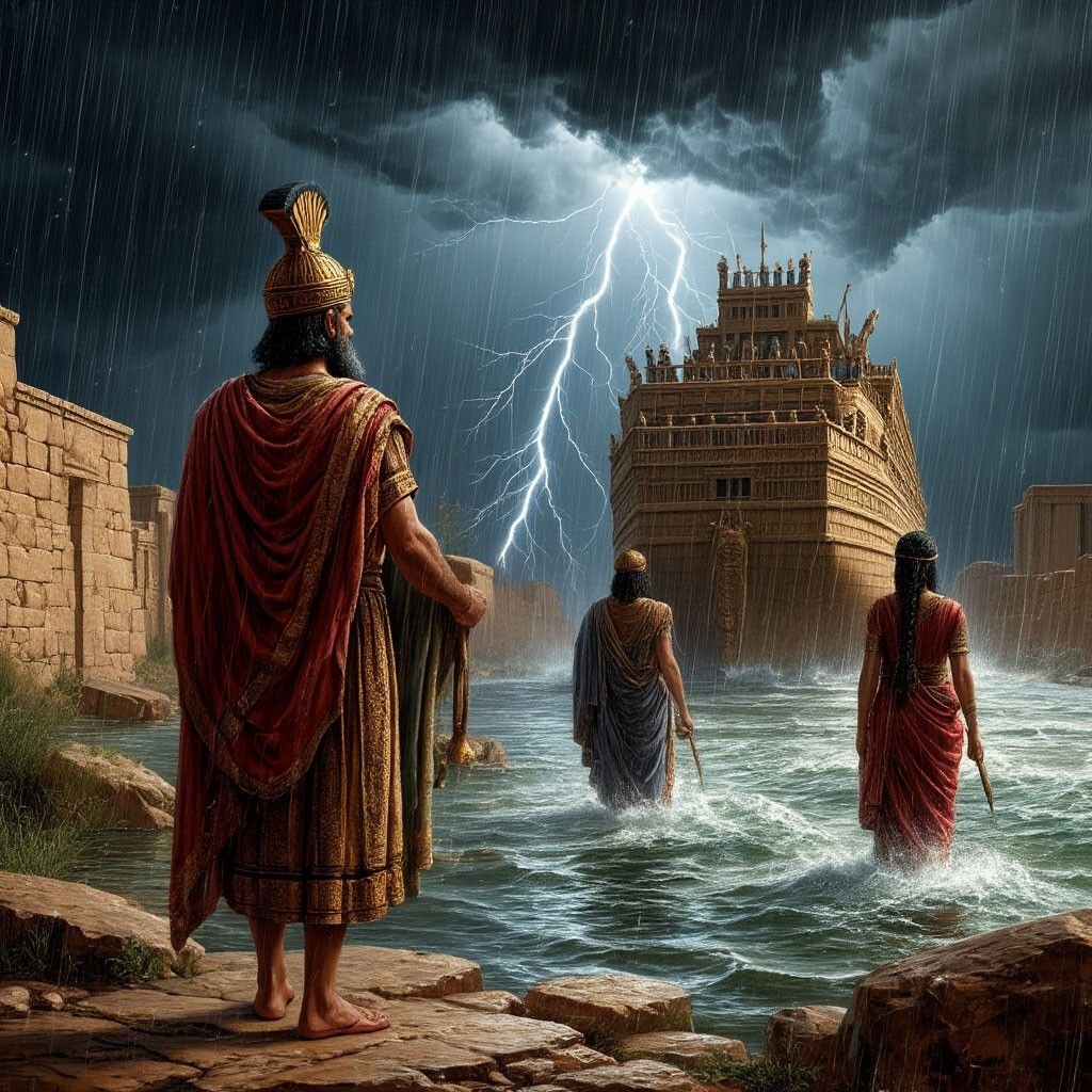 Зиусудра спасается на ковчеге со своей семьёй