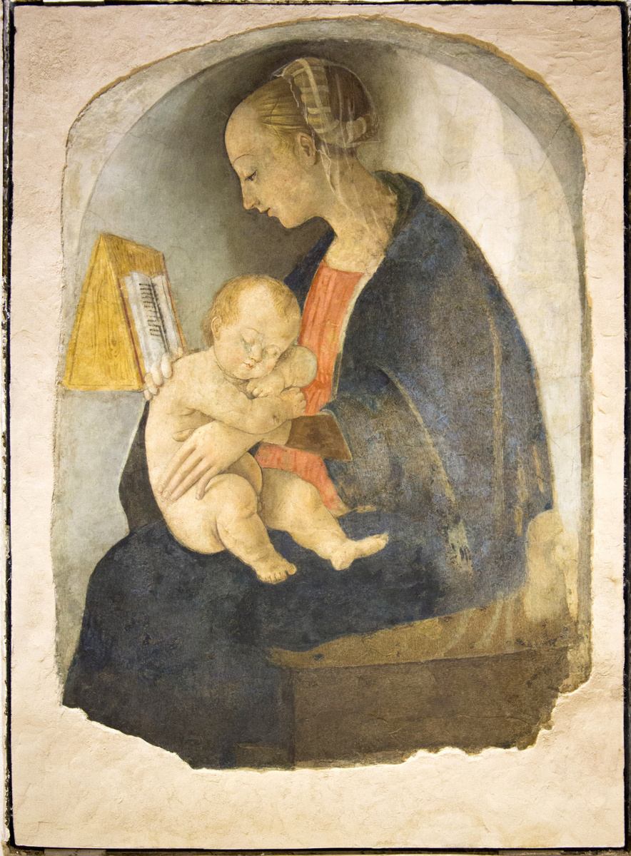 Рафаэлло Санти, Мадонна со спящим младенцем, 1498 (Дом Рафаэля, Урбино; написана на стене родтельского дома, считается самым ранним из достоверно атрибутированных произведений мастера)