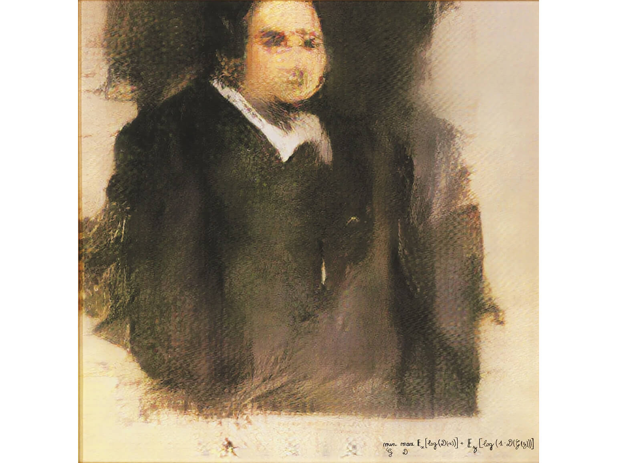 
«Портрет Эдмона де Белами» первое изображение созданное нейросетями,которое считается предметом искусства, 2018, струйная печать на холсте, 70 × 70 см