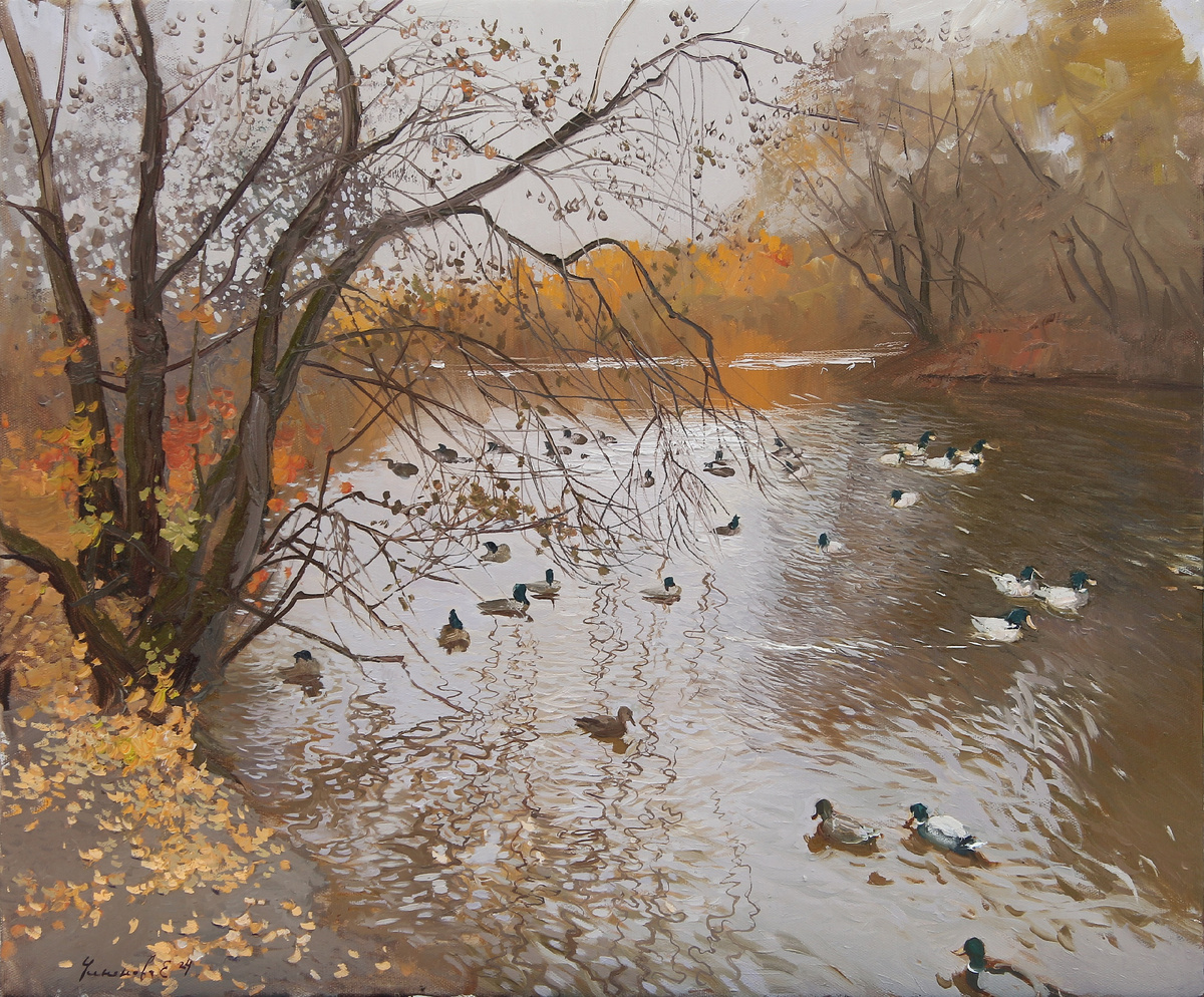Осень.Утки на озере. 50-60 см холст масло 2024