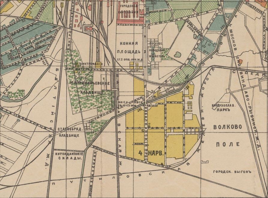 План города Санкт-Петербурга 1914. О. С. Иодко с обозначением номеров домов. XXV издание, вновь исправленное и дополненное. Книгоиздательство "Поучение", Г.Ф. Кнох. Масштаб в английском дюйме 300 саженей.