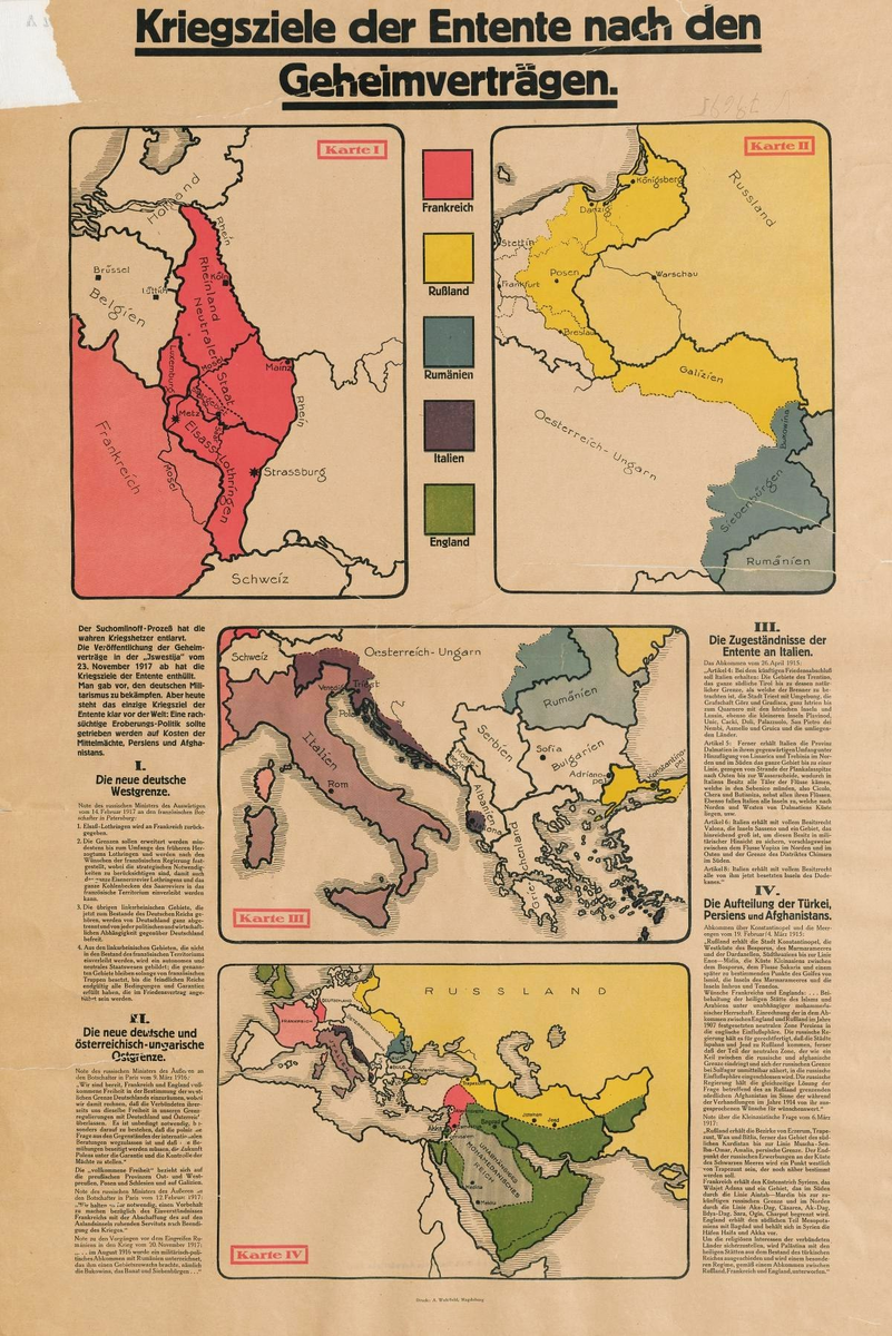 На двух верхних картах – результат секретного франко-русского соглашения в феврале 1917 г., по которому обе державы обязались взаимно поддерживать территориальные требования друг друга. Соглашение было обнародовано большевиками в ноябре 1917 г.