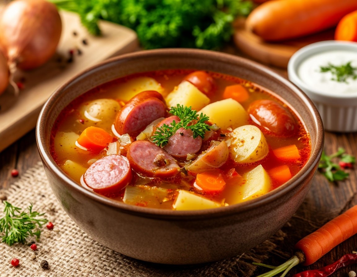 Суп с охотничьими колбасками