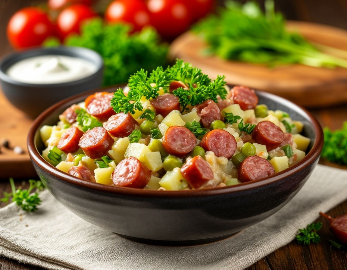 Салат Оливье с охотничьими колбасками