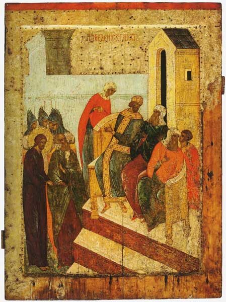 ПРИВЕДЕНИЕ К ПИЛАТУ. Около 1497 года. Ростов.  Дерево, темпера. 84 × 62 см. Собрание Музея имени Андрея Рублева