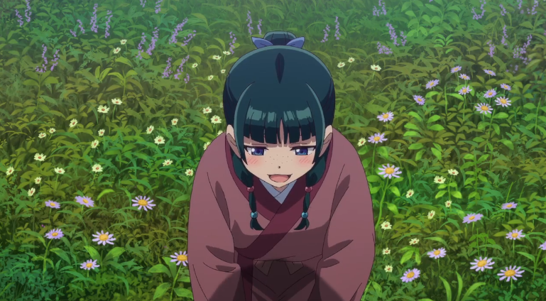 Кадр из аниме. Мао Мао возбуждённо радостно собирает травы на лугу