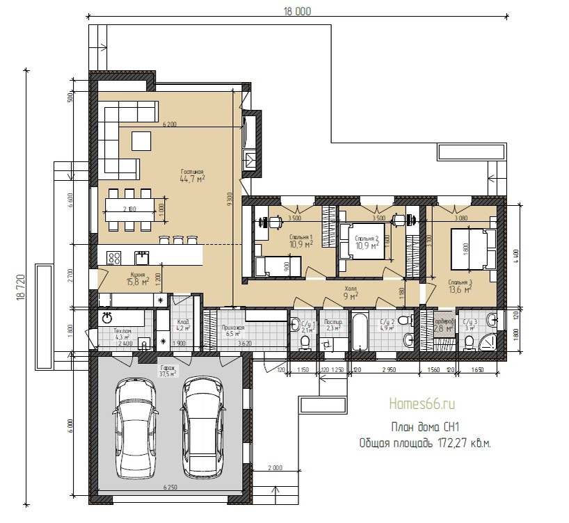 План одноэтажного дома с размерами CH1 