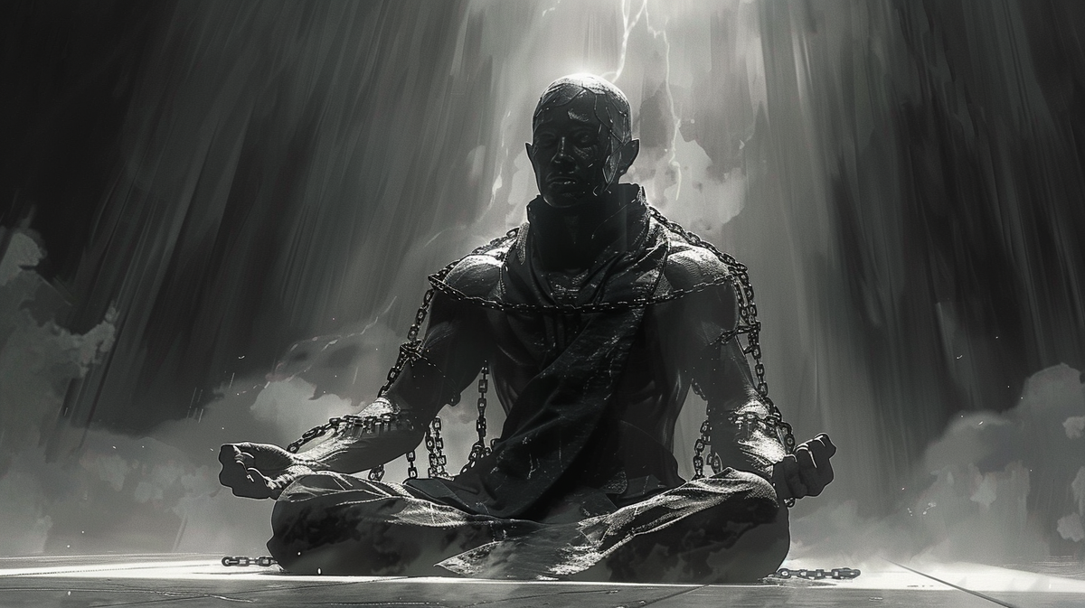 Человек в медитативной позе с цепями вокруг головы как символ зависимости от мнения окружающих