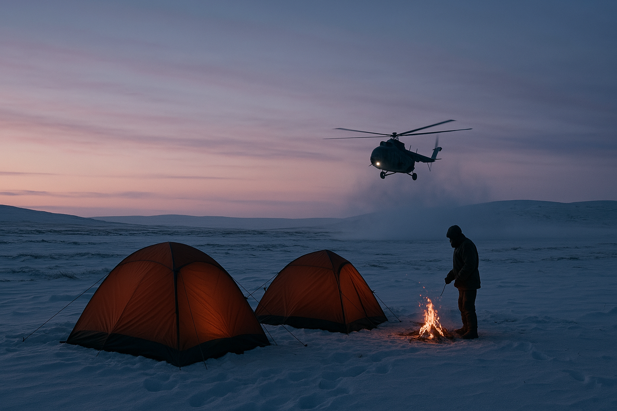 Когда тундра молчит, остаётся только ждать.
Вечер. Две палатки. Костёр. И вертолёт, который всё-таки прилетел.