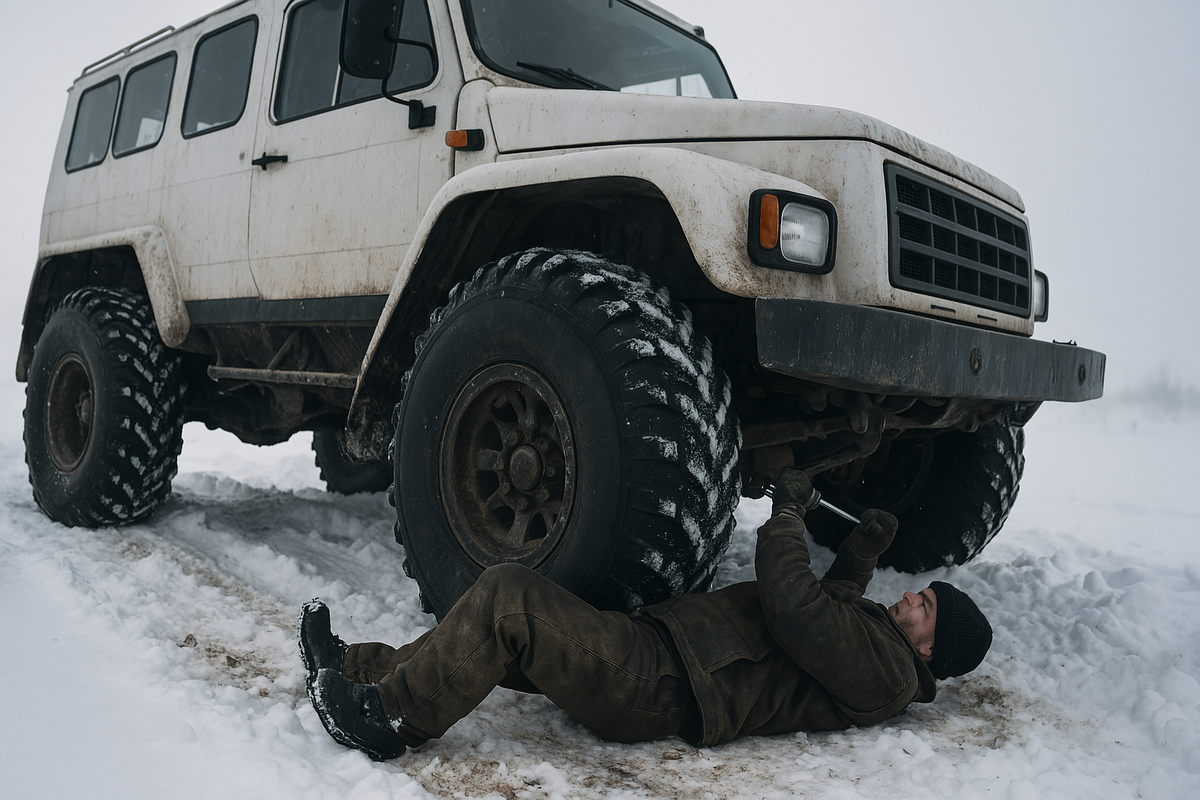 Когда техника решает сама.
Под машиной — человек. Вокруг — только наст и тишина.
На Севере ломается не техника. А планы.