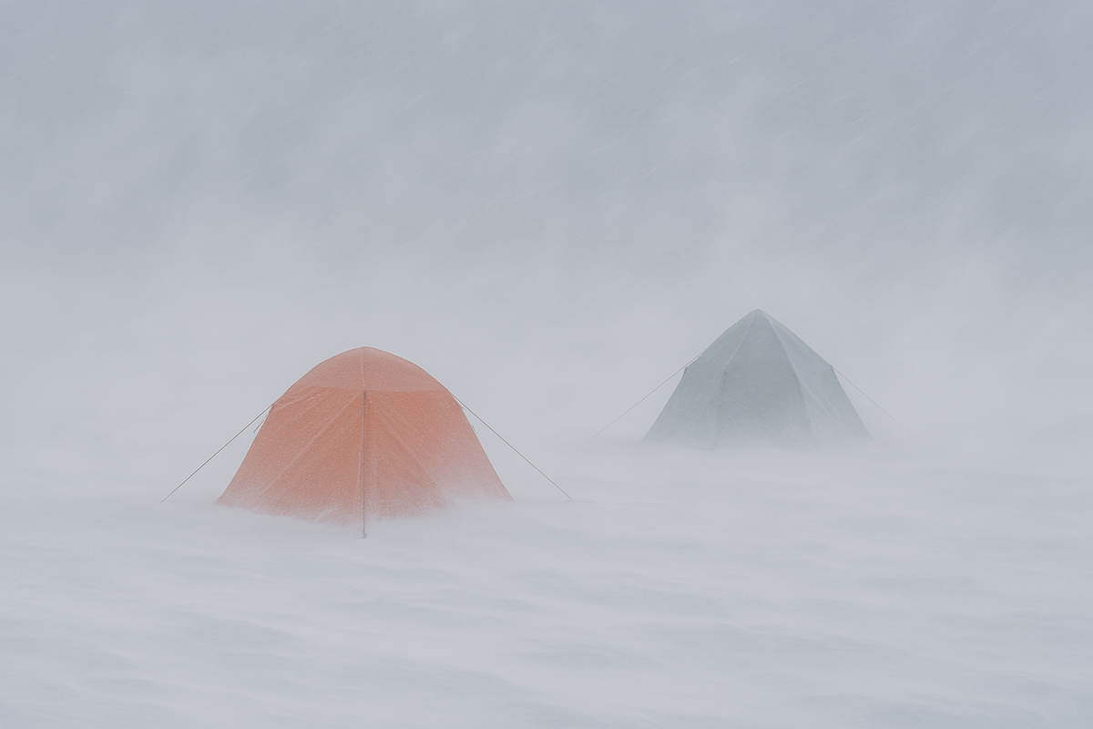 Жилище посреди ничто.
Две палатки среди снега. Никаких следов. Никаких звуков.
Точка ожидания. Шесть дней без ответа.