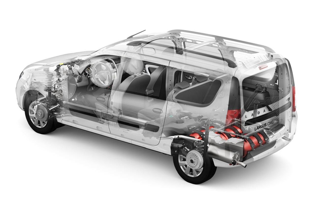 Расположение метановых баллонов под днищем обновленного Lada Largus CNG. Изображение: официальный сайт АВТОВАЗ - lada.ru