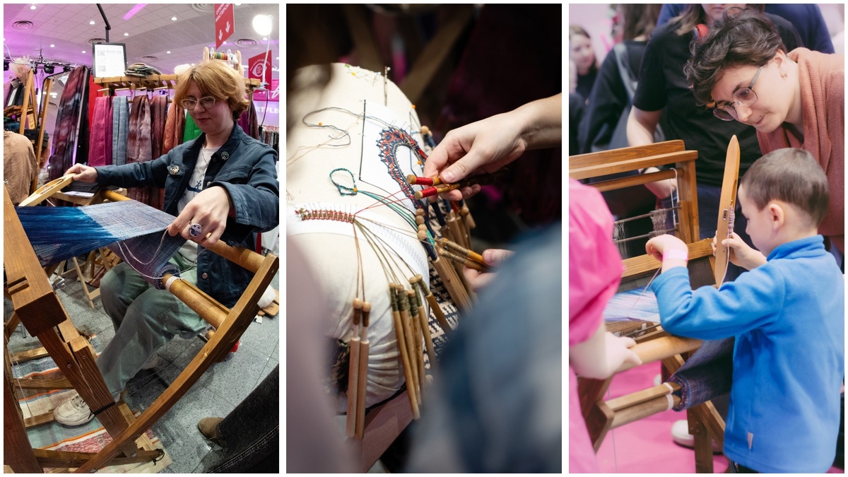 Гости используют настоящий ткацкий станок и смотрят на ручное кружевоплетение на фестивале ARTFLECTION, март 2025