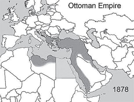 Османская империя в 1878 году (бледными тонами окрашены автономные территории)