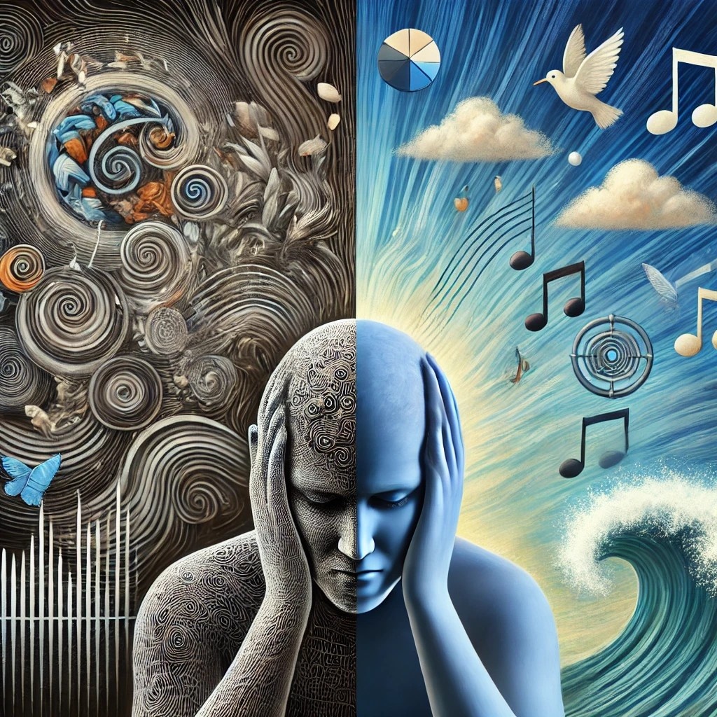 
Левая часть символизирует хаотичный шум и дискомфорт, а правая – спокойствие и облегчение благодаря терапии