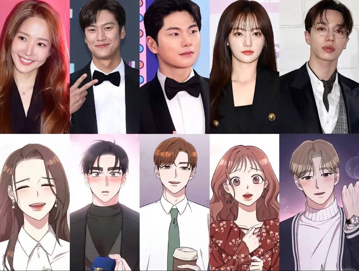 Вверху: актёры дорамы «Выходи замуж за моего мужа». Внизу: их герои в манхве